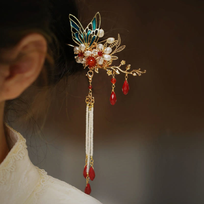 Horquilla para el pelo con forma de flor de estilo chino clásico con forma de mariposa y borlas de perlas y piedras de Buddha Stones
