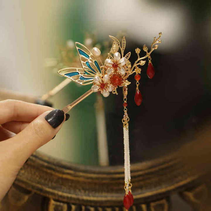 Horquilla para el pelo con forma de flor de estilo chino clásico con forma de mariposa y borlas de perlas y piedras de Buddha Stones