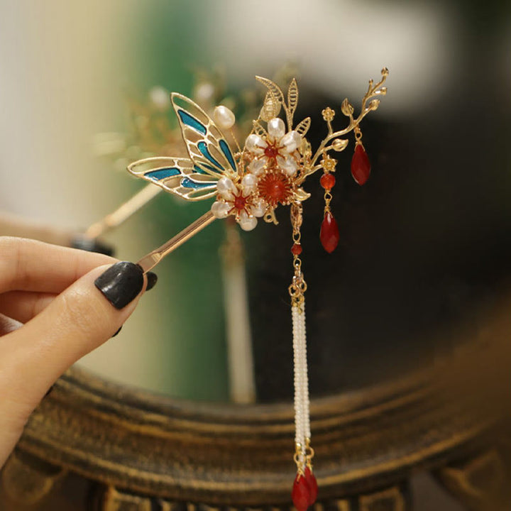 Horquilla para el pelo con forma de flor de estilo chino clásico con forma de mariposa y borlas de perlas y piedras de Buddha Stones