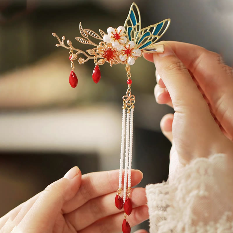 Horquilla para el pelo con forma de flor de estilo chino clásico con forma de mariposa y borlas de perlas y piedras de Buddha Stones