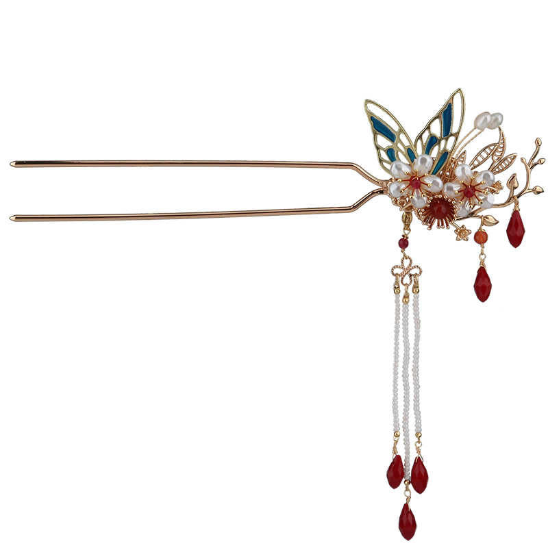 Horquilla para el pelo con forma de flor de estilo chino clásico con forma de mariposa y borlas de perlas y piedras de Buddha Stones