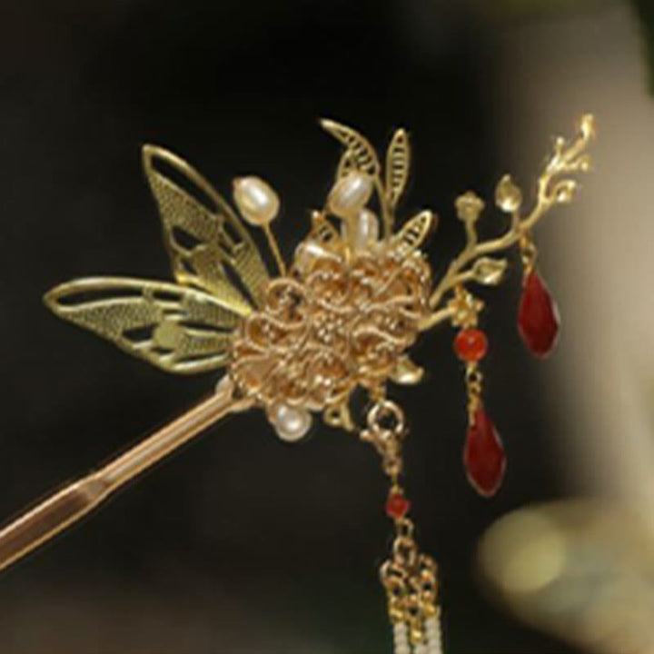 Horquilla para el pelo con forma de flor de estilo chino clásico con forma de mariposa y borlas de perlas y piedras de Buddha Stones
