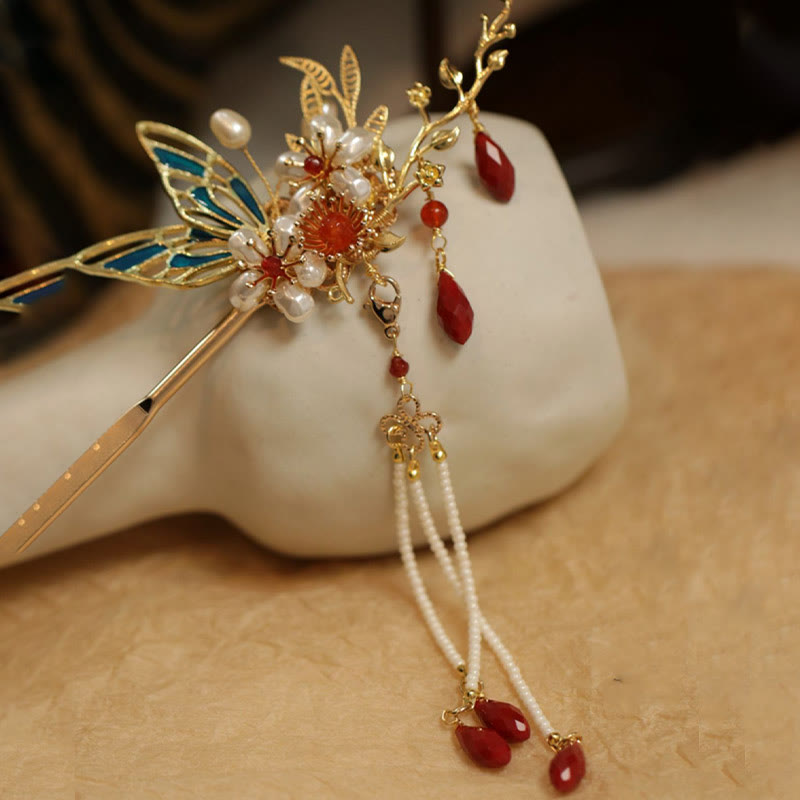 Horquilla para el pelo con forma de flor de estilo chino clásico con forma de mariposa y borlas de perlas y piedras de Buddha Stones