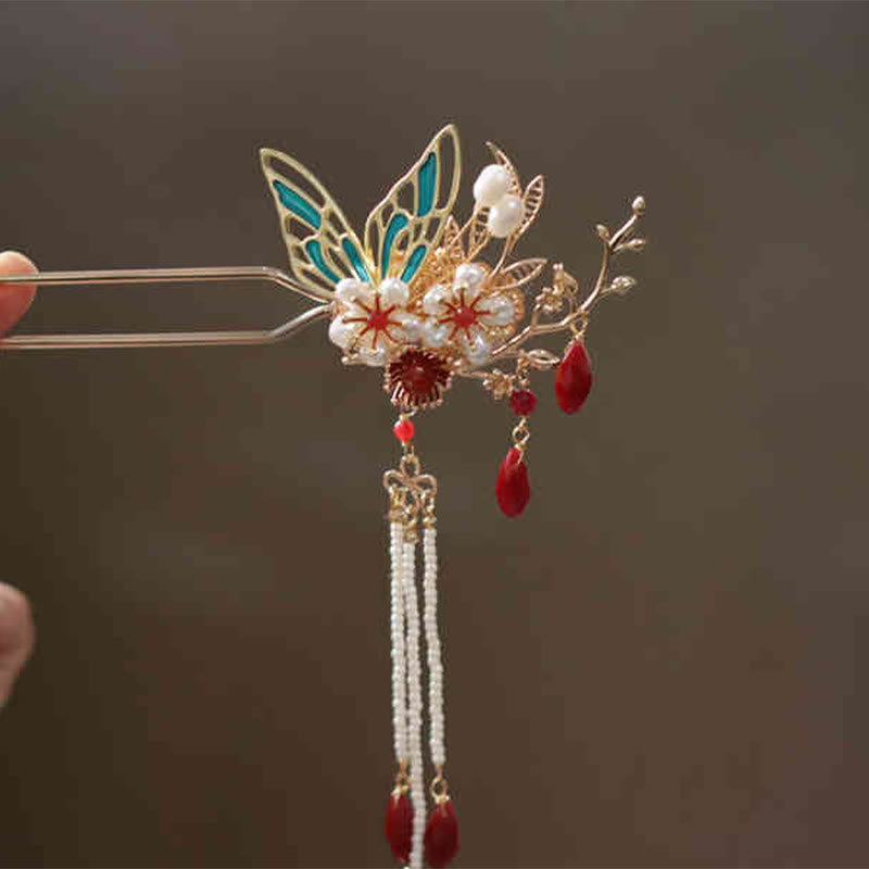 Horquilla para el pelo con forma de flor de estilo chino clásico con forma de mariposa y borlas de perlas y piedras de Buddha Stones