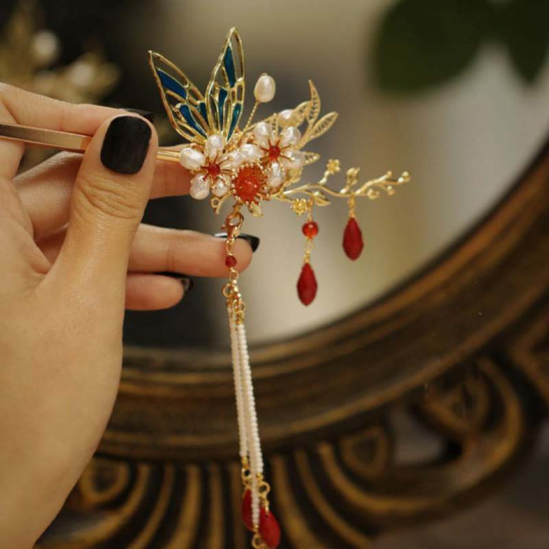 Horquilla para el pelo con forma de flor de estilo chino clásico con forma de mariposa y borlas de perlas y piedras de Buddha Stones