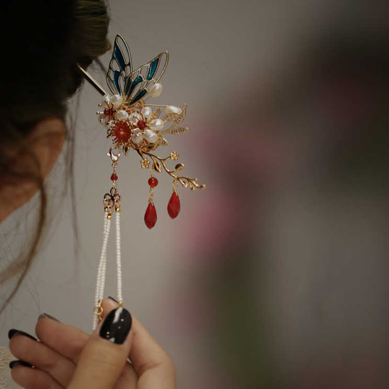 Horquilla para el pelo con forma de flor de estilo chino clásico con forma de mariposa y borlas de perlas y piedras de Buddha Stones
