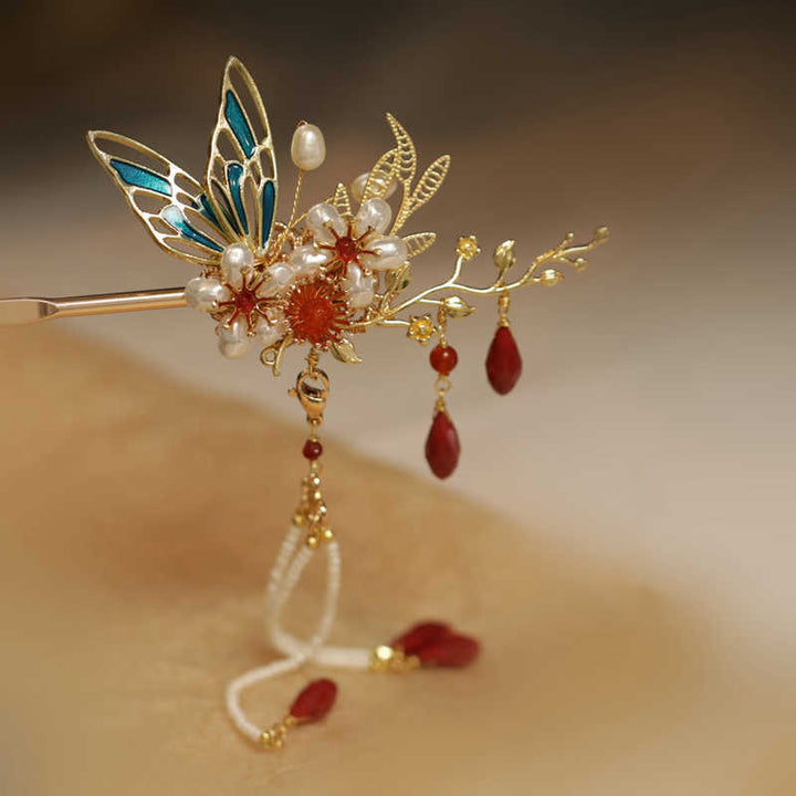 Horquilla para el pelo con forma de flor de estilo chino clásico con forma de mariposa y borlas de perlas y piedras de Buddha Stones