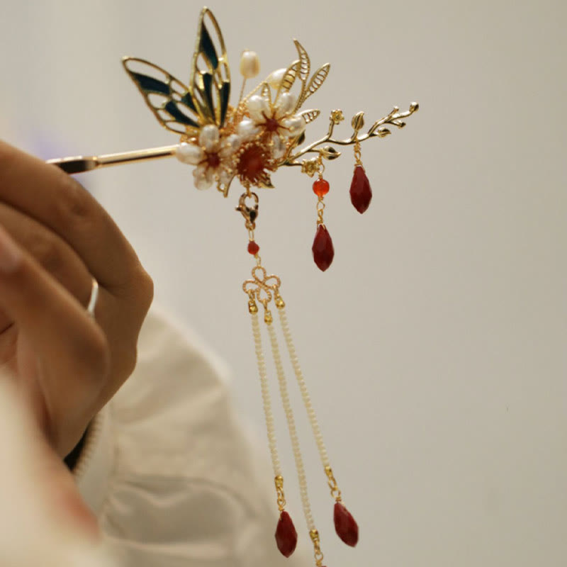 Horquilla para el pelo con forma de flor de estilo chino clásico con forma de mariposa y borlas de perlas y piedras de Buddha Stones