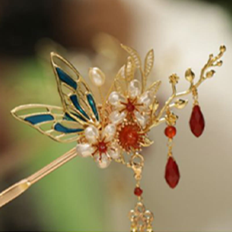 Horquilla para el pelo con forma de flor de estilo chino clásico con forma de mariposa y borlas de perlas y piedras de Buddha Stones