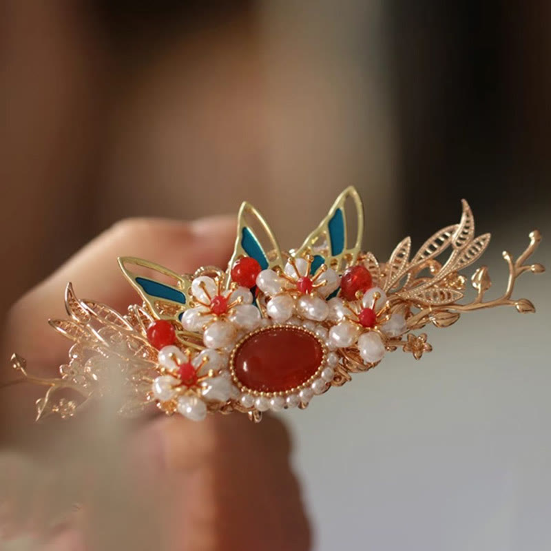 Horquilla para el pelo con forma de flor de estilo chino clásico con forma de mariposa y borlas de perlas y piedras de Buddha Stones