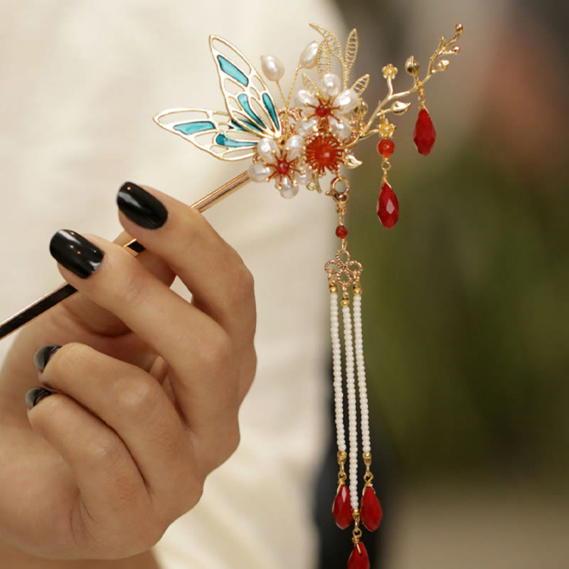 Horquilla para el pelo con forma de flor de estilo chino clásico con forma de mariposa y borlas de perlas y piedras de Buddha Stones