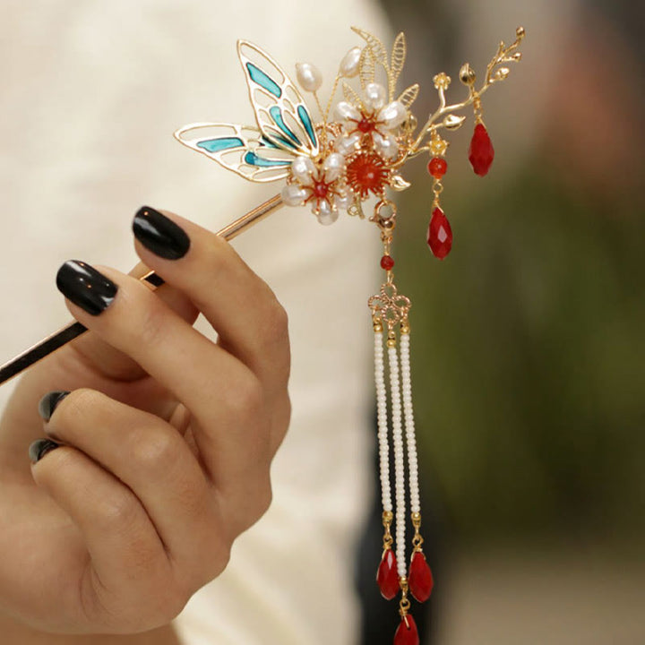 Horquilla para el pelo con forma de flor de estilo chino clásico con forma de mariposa y borlas de perlas y piedras de Buddha Stones