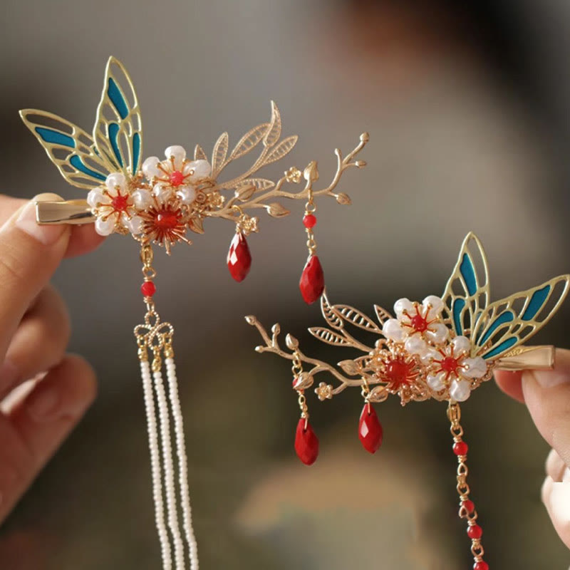 Horquilla para el pelo con forma de flor de estilo chino clásico con forma de mariposa y borlas de perlas y piedras de Buddha Stones