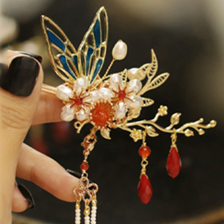 Horquilla para el pelo con forma de flor de estilo chino clásico con forma de mariposa y borlas de perlas y piedras de Buddha Stones