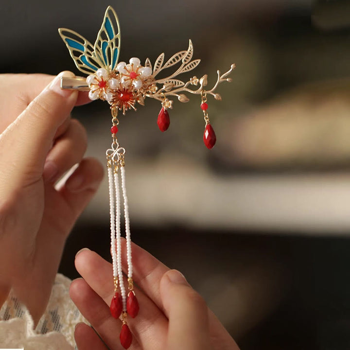 Horquilla para el pelo con forma de flor de estilo chino clásico con forma de mariposa y borlas de perlas y piedras de Buddha Stones