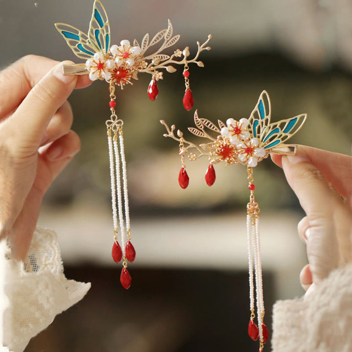 Horquilla para el pelo con forma de flor de estilo chino clásico con forma de mariposa y borlas de perlas y piedras de Buddha Stones