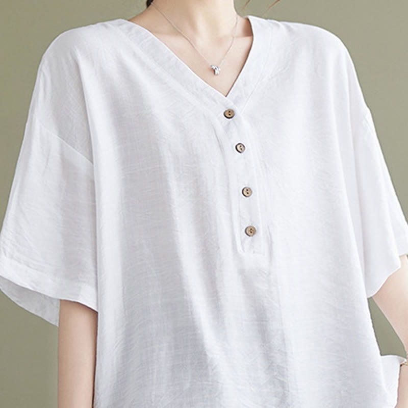 Camisa de viscosa de media manga con diseño de escote en V y estampado casual de Buddha Stones para mujer