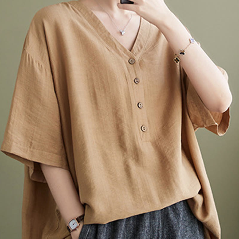 Camisa de viscosa de media manga con diseño de escote en V y estampado casual de Buddha Stones para mujer - image 17