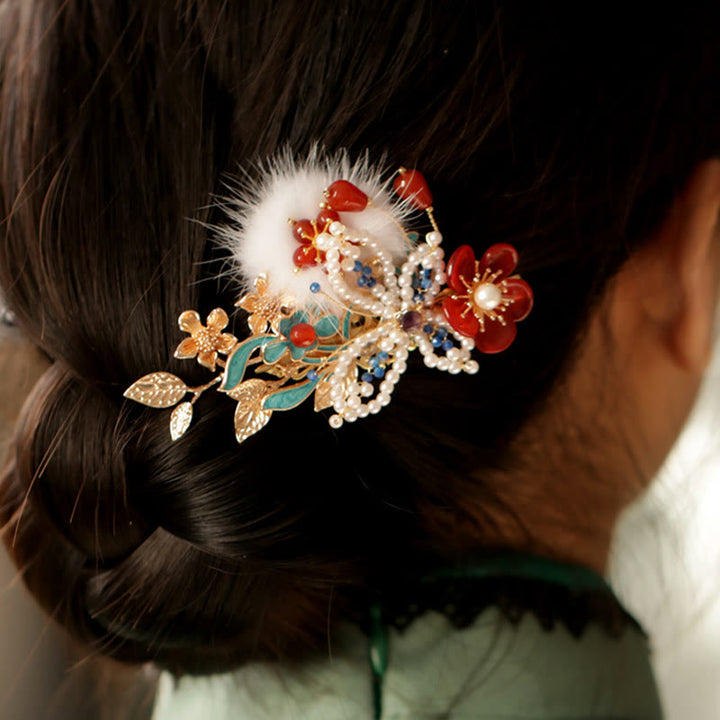 Pinza para el pelo con diseño clásico chino de Buddha Stones , flor roja, mariposa y perla