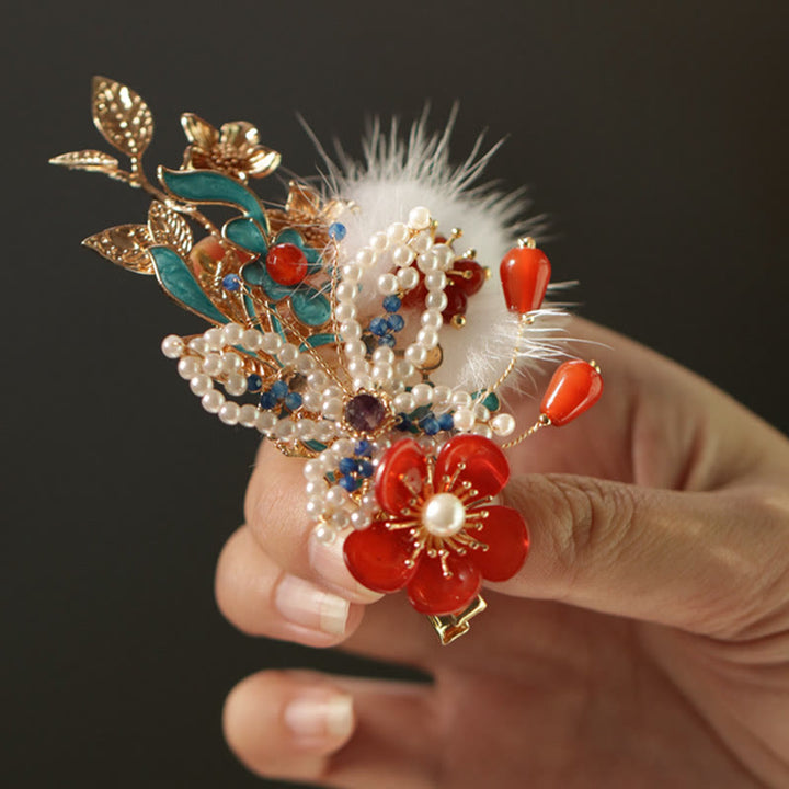 Pinza para el pelo con diseño clásico chino de Buddha Stones , flor roja, mariposa y perla