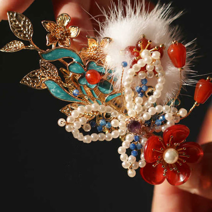 Pinza para el pelo con diseño clásico chino de Buddha Stones , flor roja, mariposa y perla