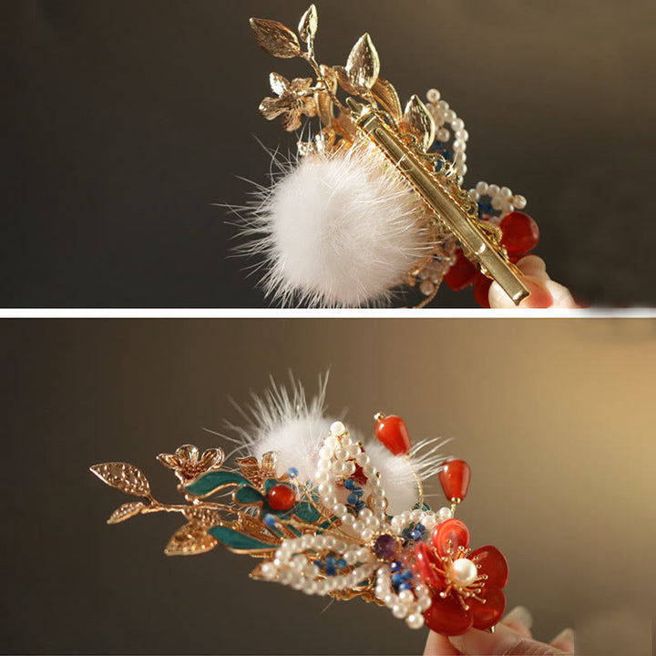 Pinza para el pelo con diseño clásico chino de Buddha Stones , flor roja, mariposa y perla