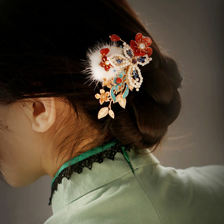 Pinza para el pelo con diseño clásico chino de Buddha Stones , flor roja, mariposa y perla
