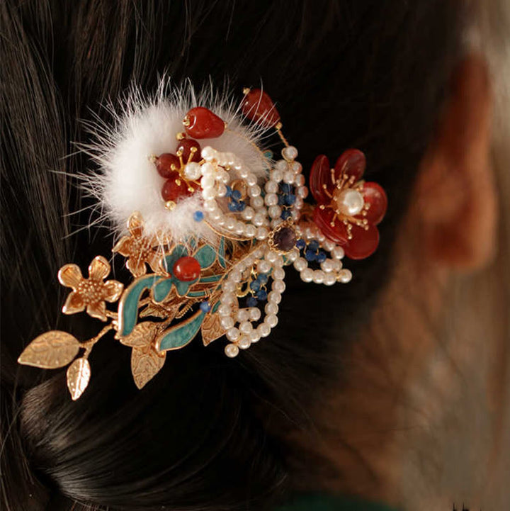 Pinza para el pelo con diseño clásico chino de Buddha Stones , flor roja, mariposa y perla