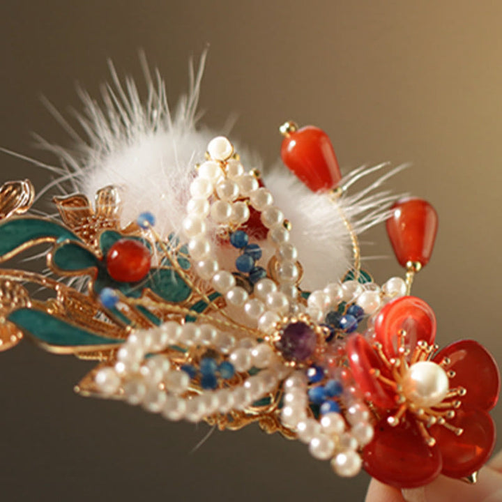 Pinza para el pelo con diseño clásico chino de Buddha Stones , flor roja, mariposa y perla