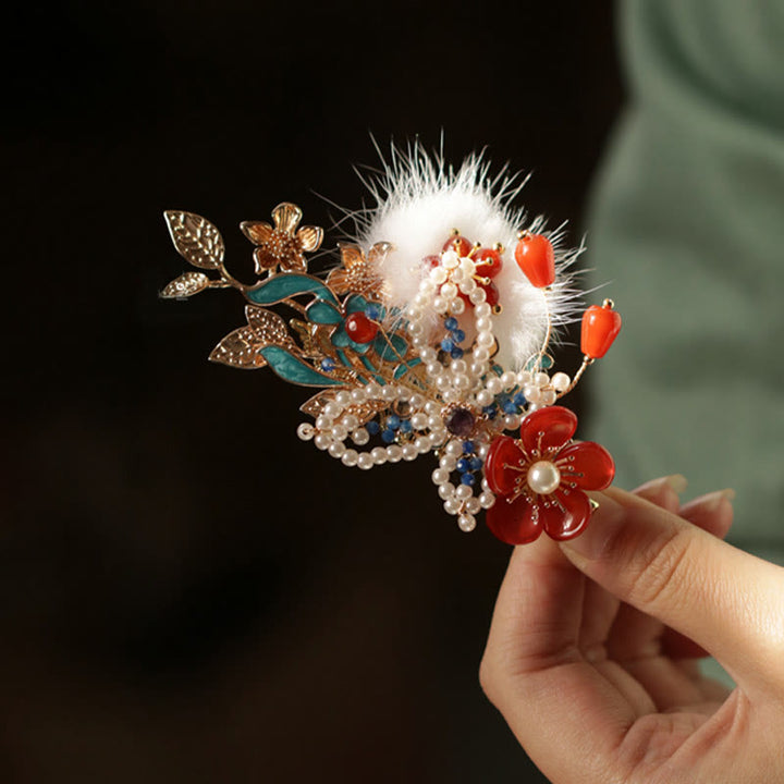 Pinza para el pelo con diseño clásico chino de Buddha Stones , flor roja, mariposa y perla