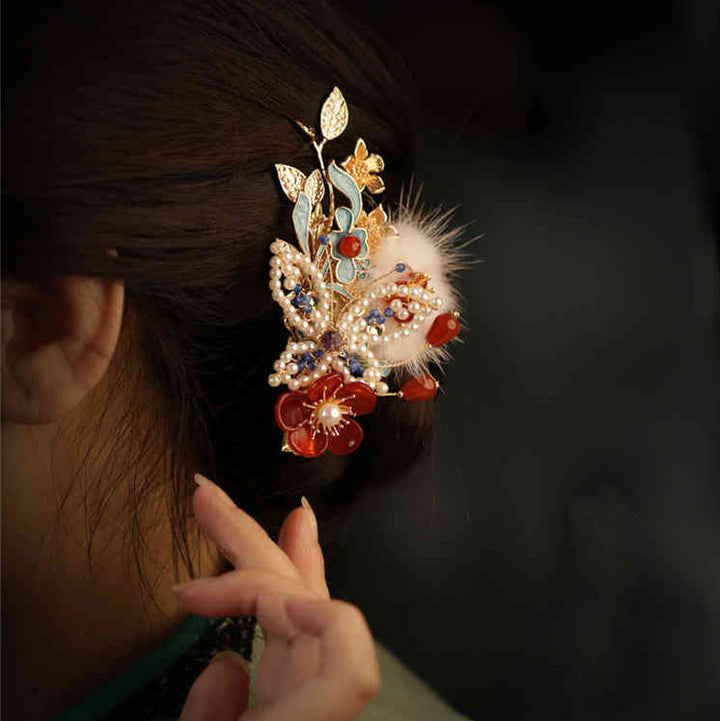 Pinza para el pelo con diseño clásico chino de Buddha Stones , flor roja, mariposa y perla
