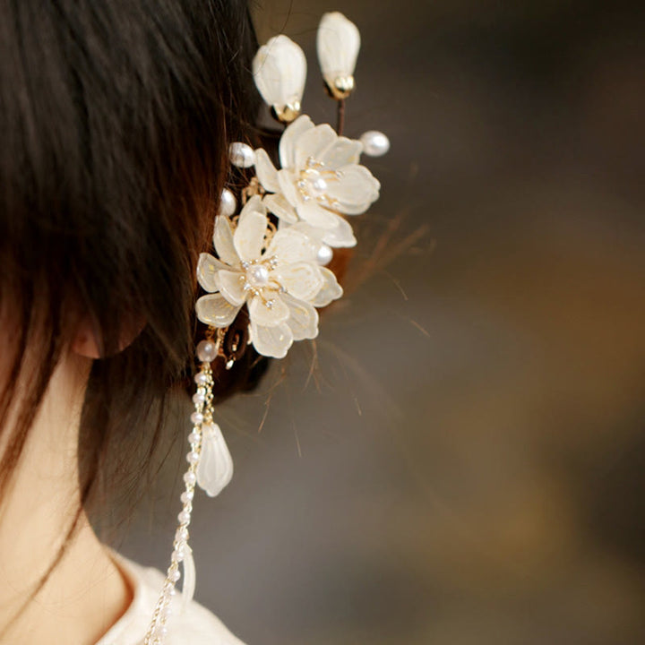 Pinza para el pelo lateral con borlas de magnolia clásicas y Buddha Stones