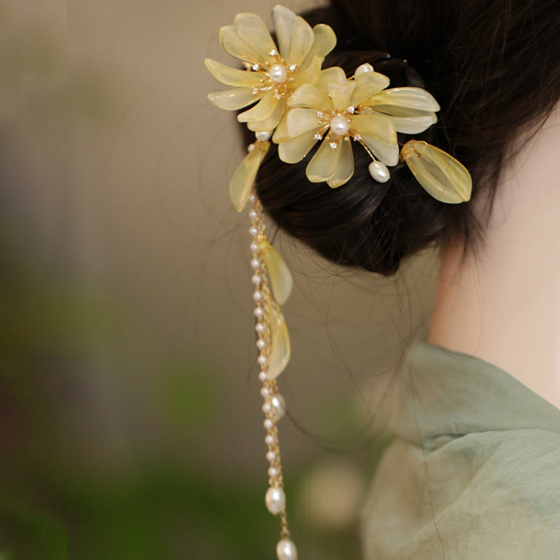 Pinza para el pelo lateral con borlas de magnolia clásicas y Buddha Stones