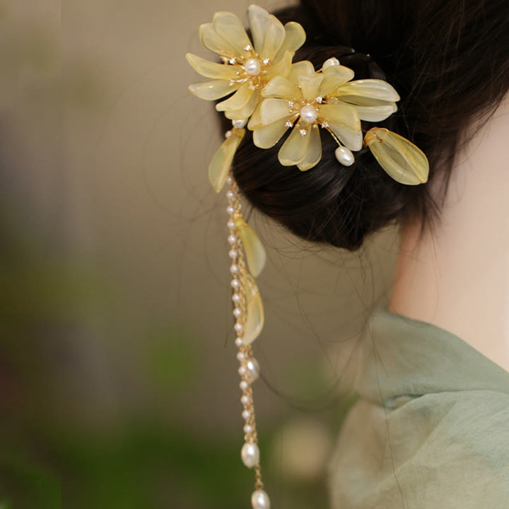Pinza para el pelo lateral con borlas de magnolia clásicas y Buddha Stones