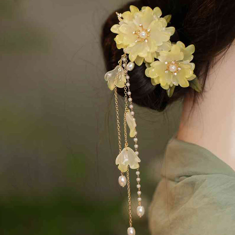 Pinza para el pelo lateral con borlas de magnolia clásicas y Buddha Stones