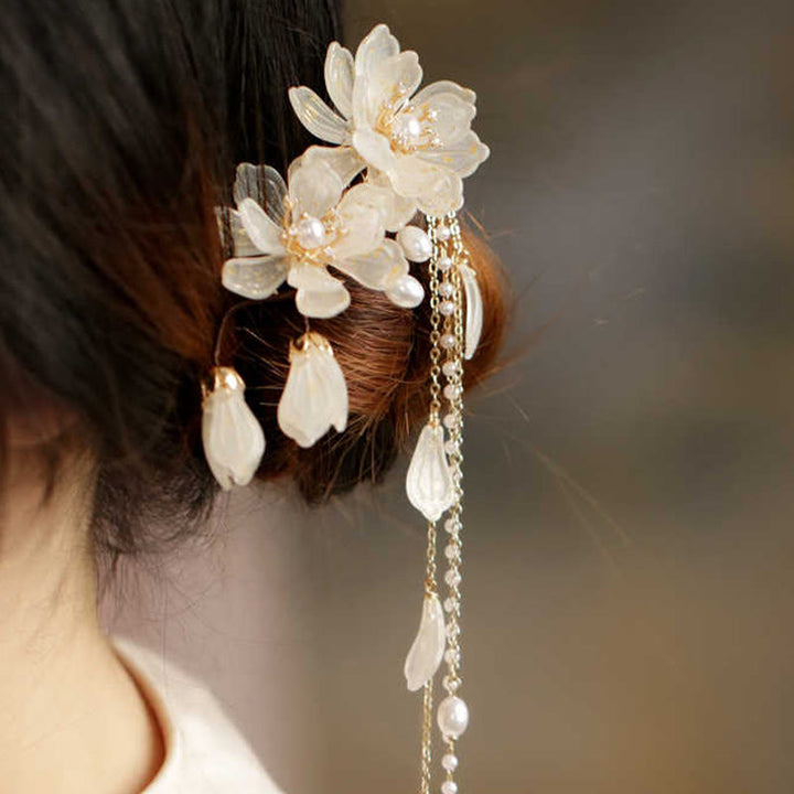 Pinza para el pelo lateral con borlas de magnolia clásicas y Buddha Stones