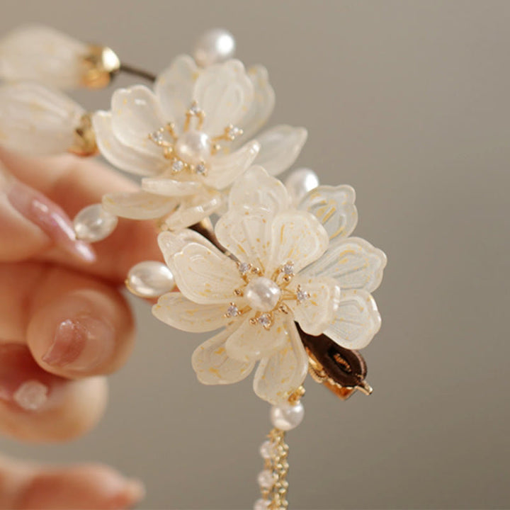 Pinza para el pelo lateral con borlas de magnolia clásicas y Buddha Stones