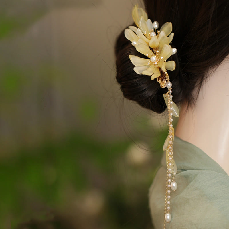 Pinza para el pelo lateral con borlas de magnolia clásicas y Buddha Stones