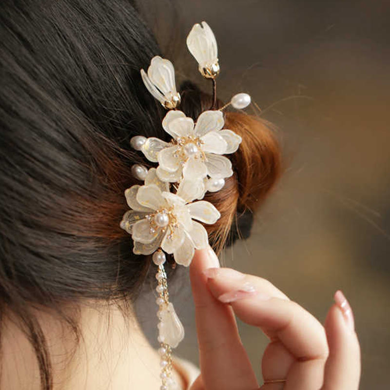 Pinza para el pelo lateral con borlas de magnolia clásicas y Buddha Stones