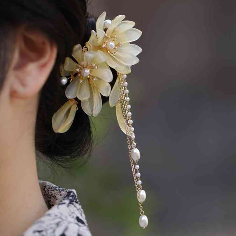Pinza para el pelo lateral con borlas de magnolia clásicas y Buddha Stones