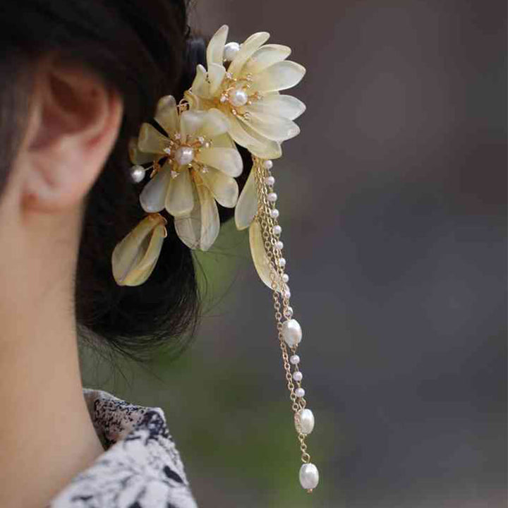 Pinza para el pelo lateral con borlas de magnolia clásicas y Buddha Stones