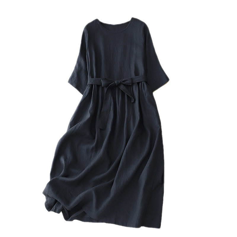 Vestido midi informal de manga corta con cuello redondo, cordones y bolsillos , Buddha Stones. - image 2