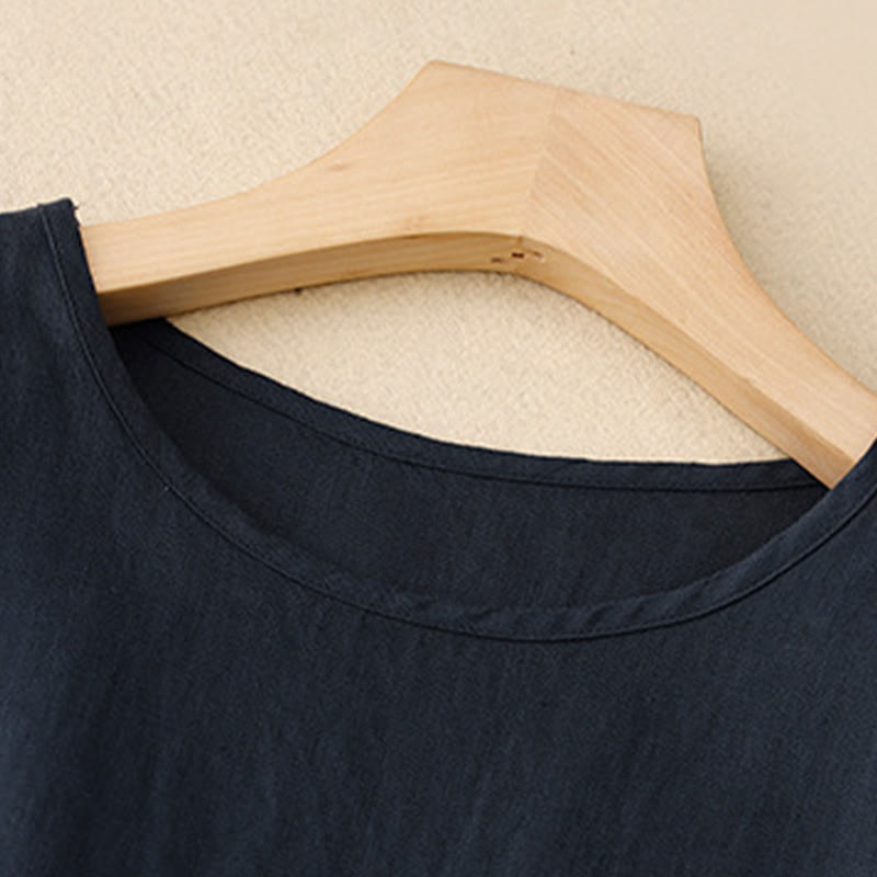 Vestido midi informal de lino y algodón con cuello redondo, mangas cortas, cordones y bolsillos de Buddha Stones - image 3