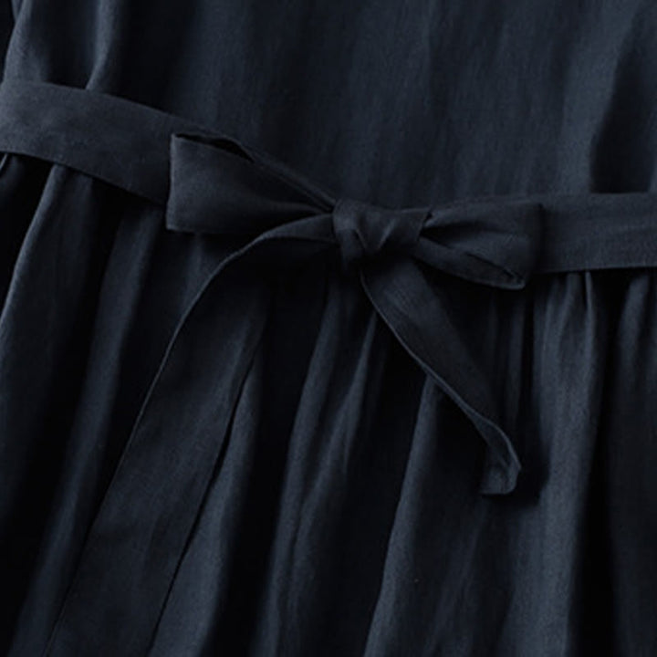 Vestido midi informal de lino y algodón con cuello redondo, mangas cortas, cordones y bolsillos de Buddha Stones - image 6