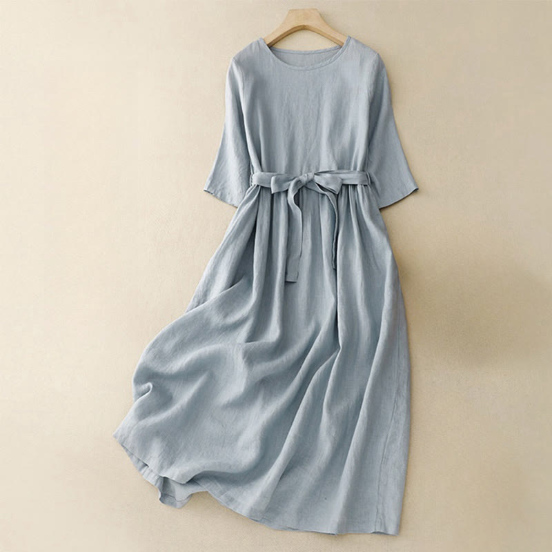 Vestido midi informal de lino y algodón con cuello redondo, mangas cortas, cordones y bolsillos de Buddha Stones - Celeste - US8-10，UK/AU12-14，EU40-42 (2XL) - image 7