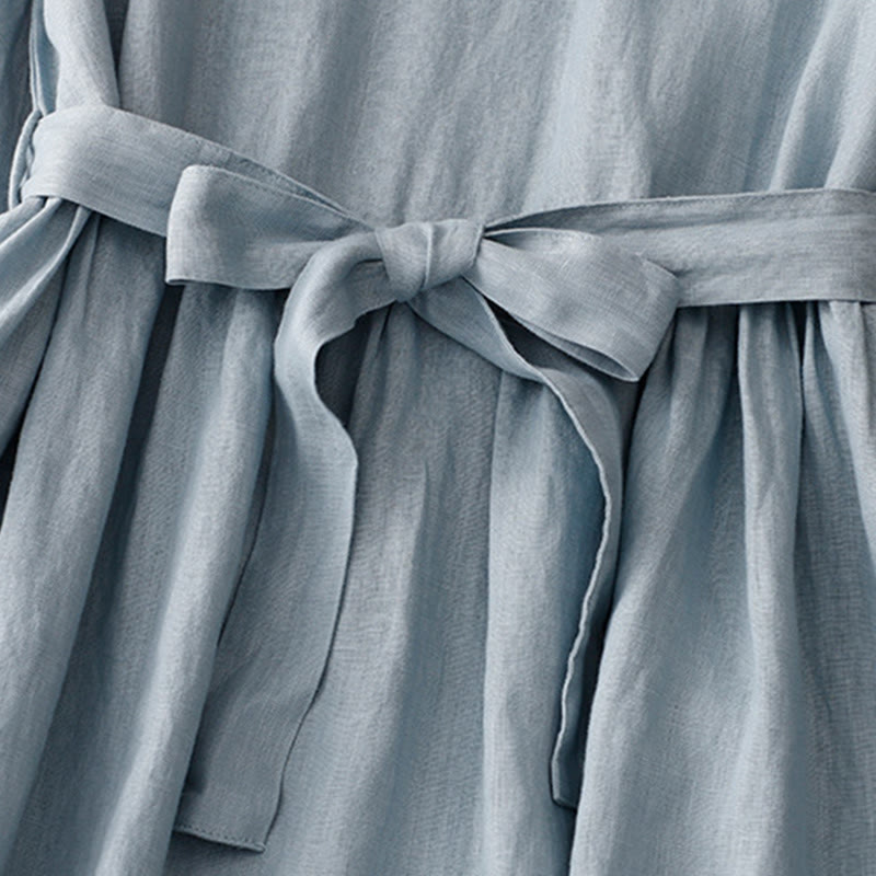 Vestido midi informal de lino y algodón con cuello redondo, mangas cortas, cordones y bolsillos de Buddha Stones - image 10