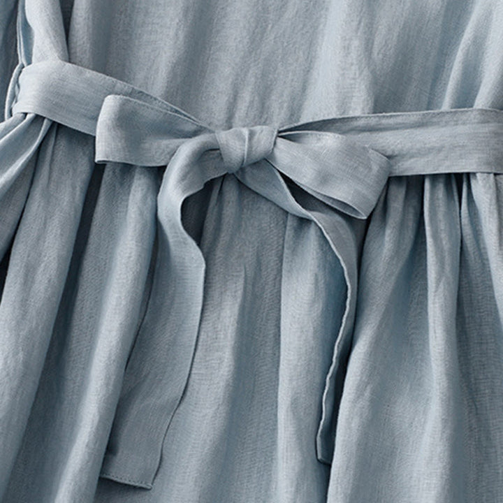 Vestido midi informal de lino y algodón con cuello redondo, mangas cortas, cordones y bolsillos de Buddha Stones - image 10