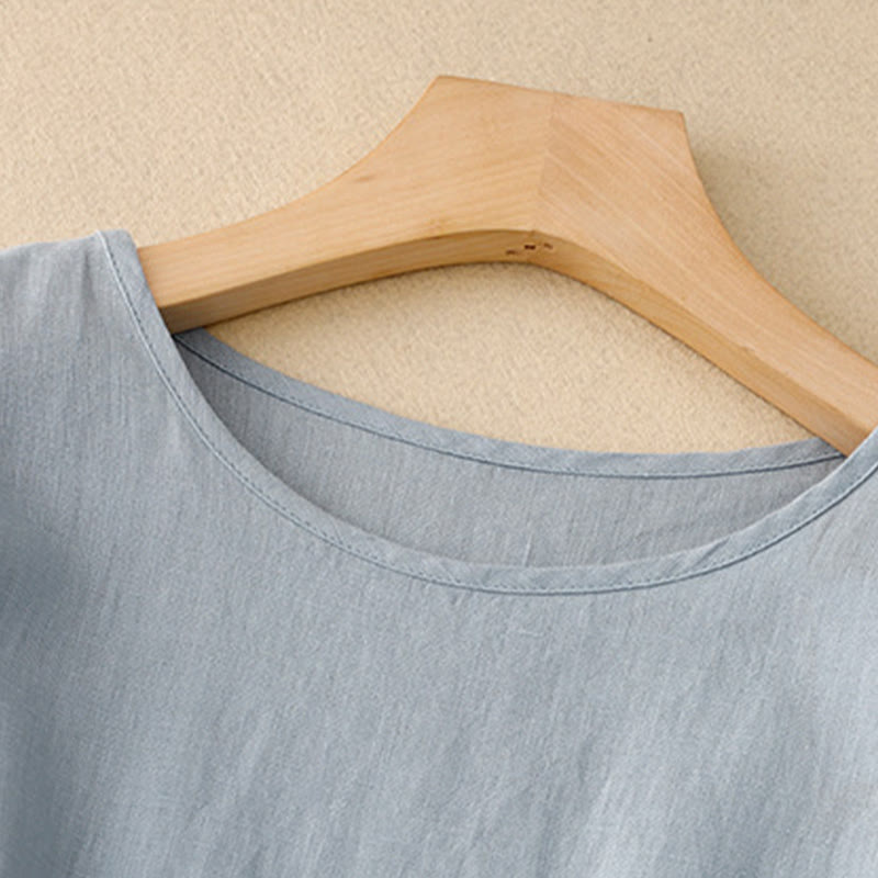 Vestido midi informal de lino y algodón con cuello redondo, mangas cortas, cordones y bolsillos de Buddha Stones - image 9