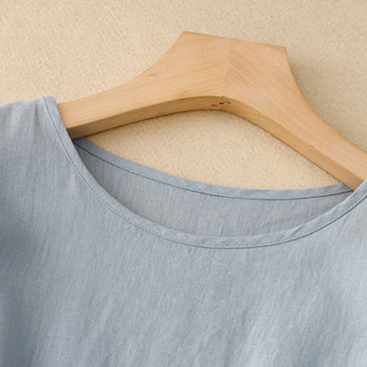 Vestido midi informal de lino y algodón con cuello redondo, mangas cortas, cordones y bolsillos de Buddha Stones - image 9