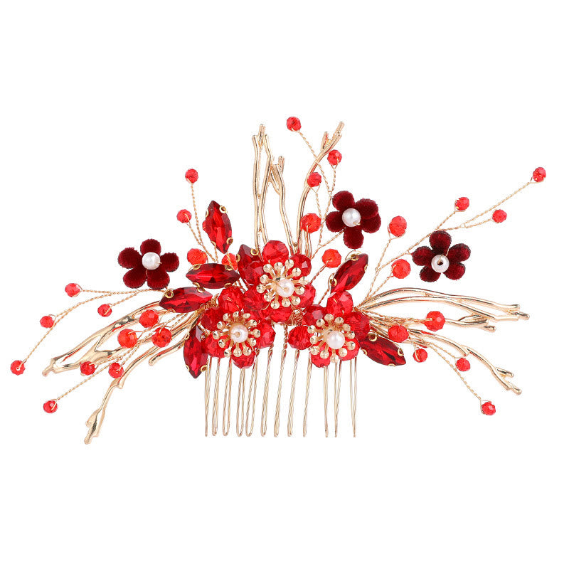 Peine para el cabello con forma de rama de flor roja dorada y Buddha Stones para bodas chinas